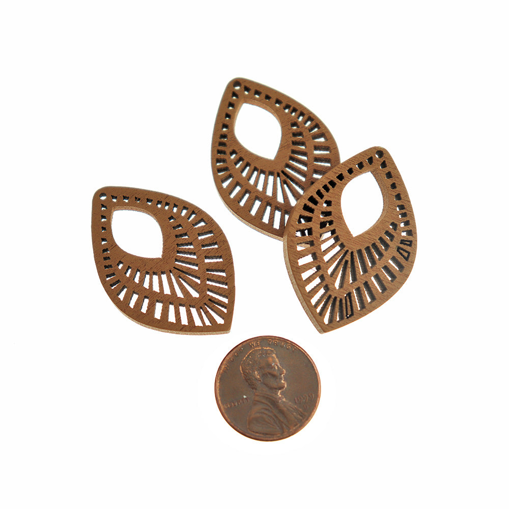 6 breloques en bois naturel en forme de larme en filigrane - WP310