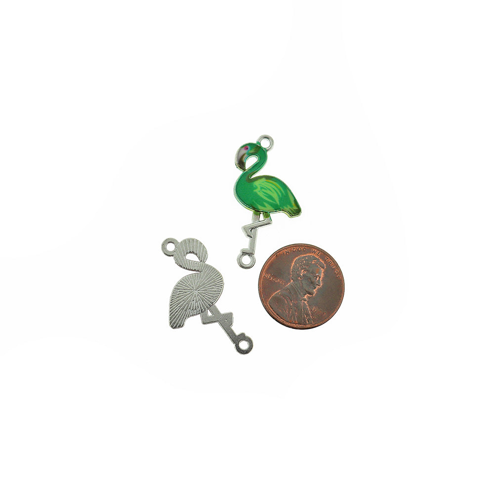 6 Flamingo Connector Silver Tone Enamel Charms - E932