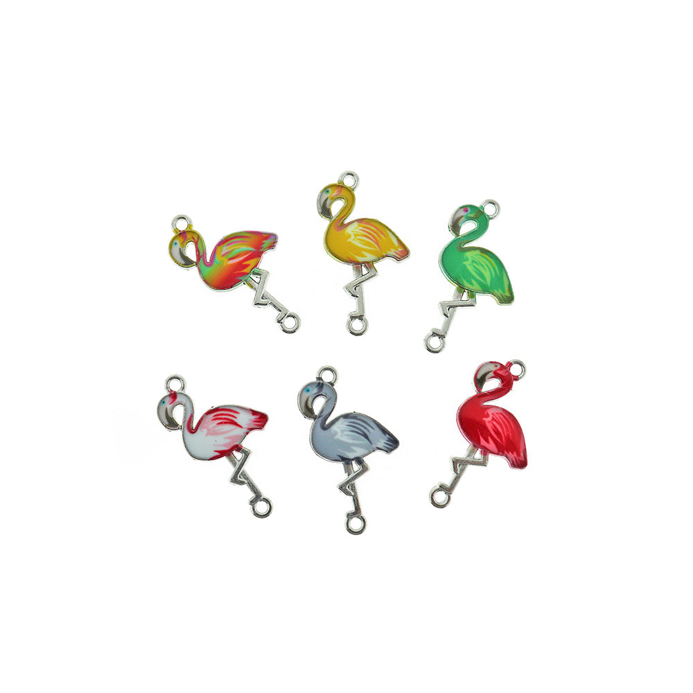 6 Flamingo Connector Silver Tone Enamel Charms - E932
