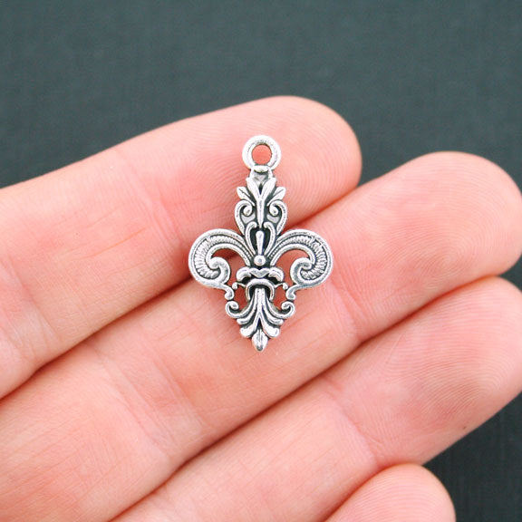 6 Fleur de Lis Antique Silver Tone Charms 2 Sided - SC5048