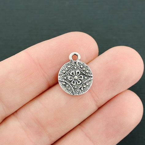 6 Flower Circle Antique Silver Tone Charms - SC1378