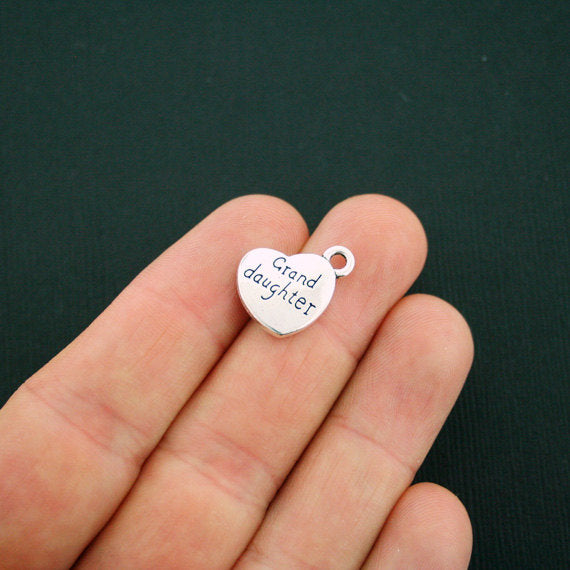 6 Grand Daughter Heart Antique Silver Tone Charms 2 Sided - SC3661
