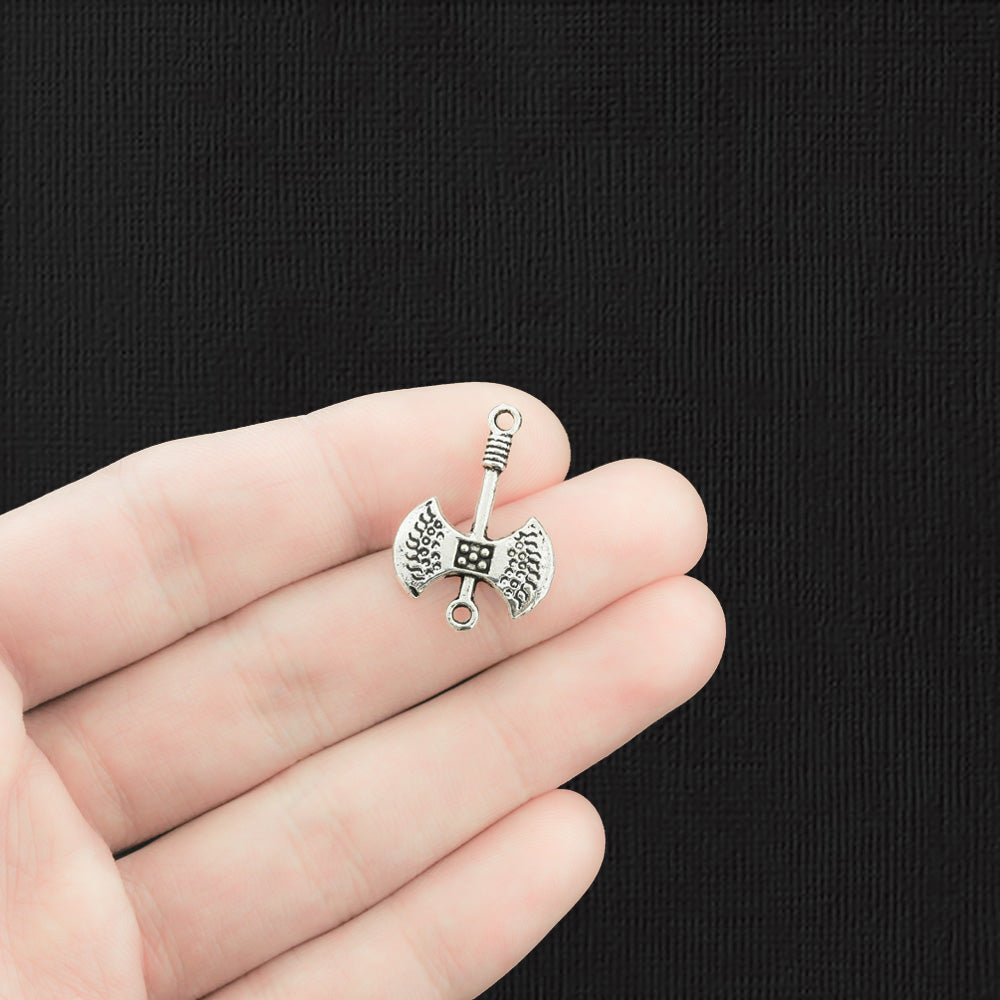 6 Hatchet Connector Antique Silver Tone Charms 2 Sided - SC2383