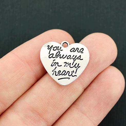 6 Heart Antique Silver Tone Charms 2 Sided - SC858