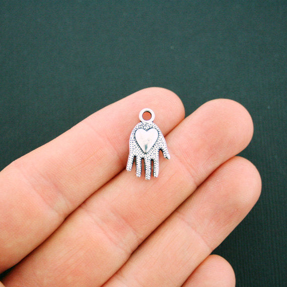 6 Heart in Hand Antique Silver Tone Charms 2 Sided - SC5661