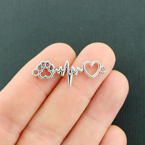 6 Heartbeat Connector Antique Silver Tone Charms 2 Sided - SC1117