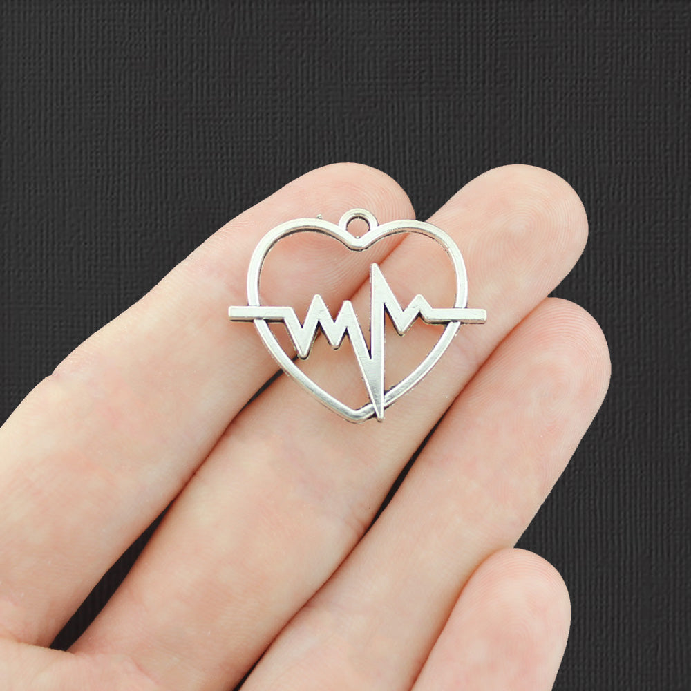 6 Heartbeat Heart Antique Silver Tone Charms 2 Sided - SC6744