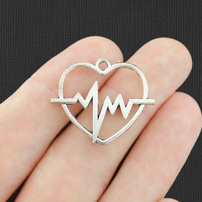 6 Heartbeat Heart Antique Silver Tone Charms 2 Sided - SC6744