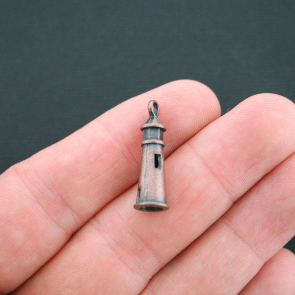 6 Lighthouse Antique Copper Tone Charms 3D - BC198