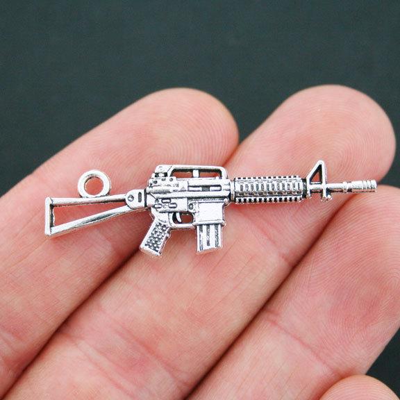 6 Machine Gun Antique Silver Tone Charms 2 Sided - SC5096