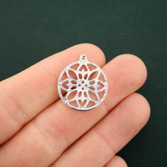 6 Mandala Flower Silver Tone Charms - SC6738