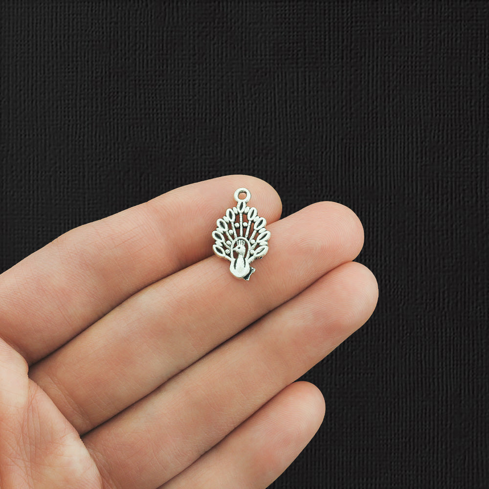 6 Peacock Antique Silver Tone Charms 2 Sided - SC2205