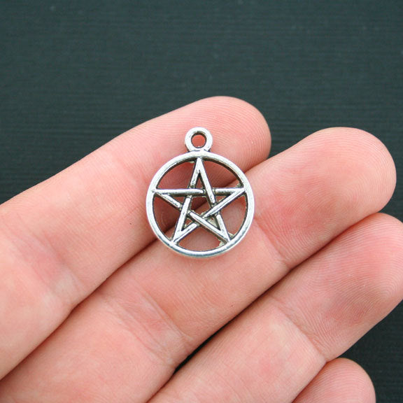 6 Pentagram Antique Silver Tone Charms 2 Sided - SC4168