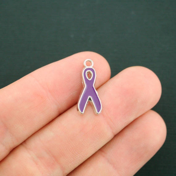 6 Purple Awareness Ribbon Silver Tone Enamel Charms - E461