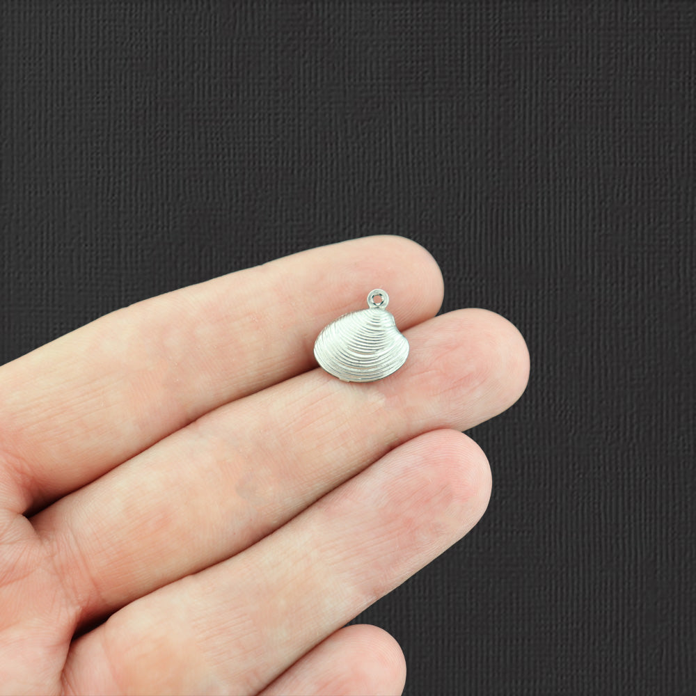 6 Shell Silver Tone Stainless Steel Charms 2 Sided - SC4415