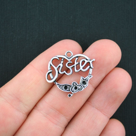 6 Sister Heart Antique Silver Tone Charms - SC3475