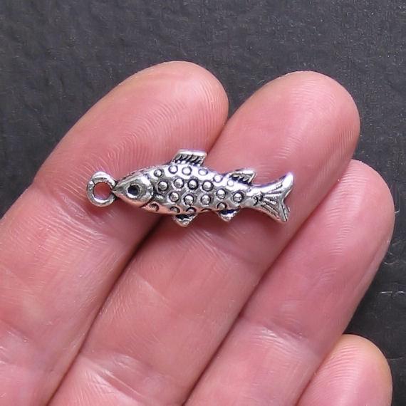 6 Speckled Fish Antique Silver Tone Charms 2 Sided - SC181