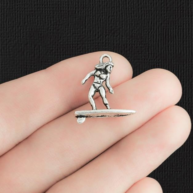 6 Surfer Antique Silver Tone Charms 2 Sided - SC483