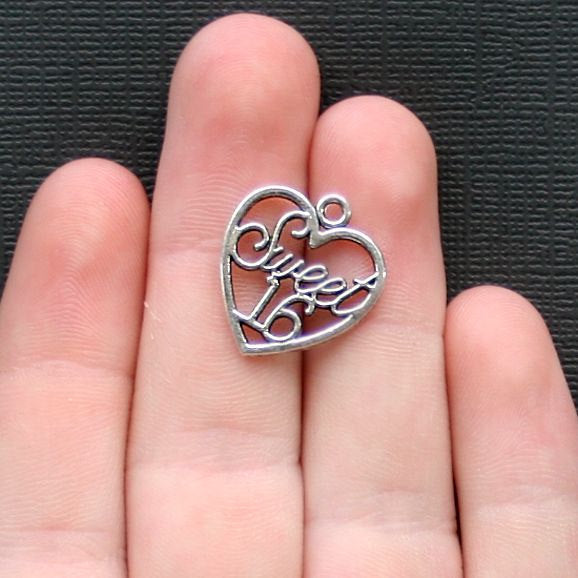 6 Sweet 16 Antique Silver Tone Charms - SC2218