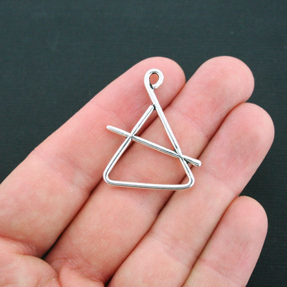 6 Triangle Instrument Antique Silver Tone Charms 2 Sided- SC3112