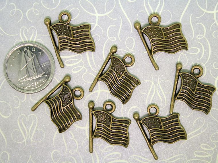 6 USA Flag Antique Bronze Tone Charms - BC148