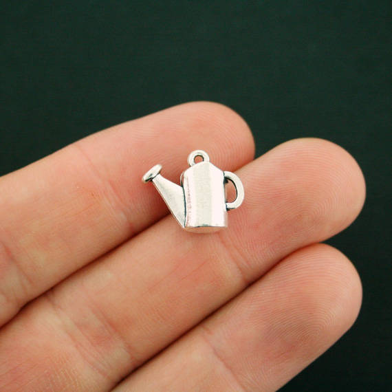 6 Watering Can Antique Silver Tone Charms 2 Sided - SC3158