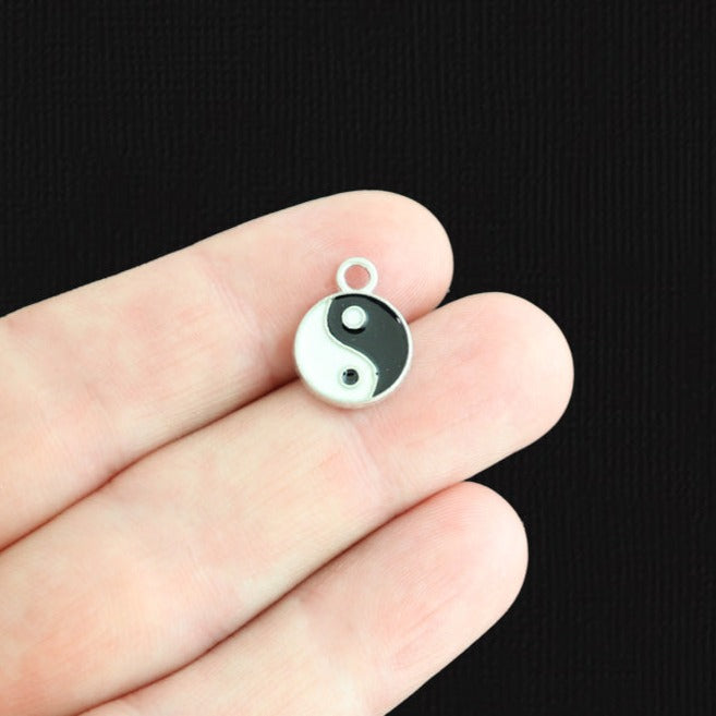 6 Yin Yang Silver Tone Enamel Charms - E286