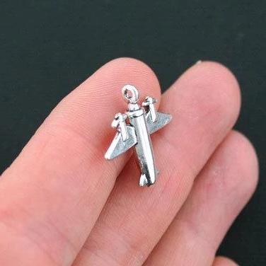 6 Airplane Antique Silver Tone Charms 3D- SC4295