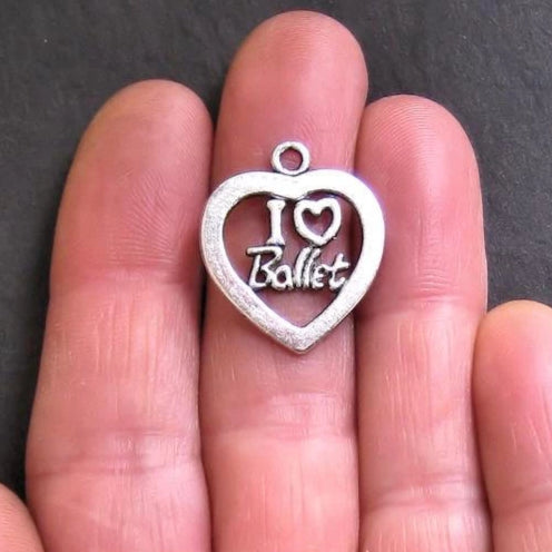 6 Ballet Heart Antique Silver Tone Charms - SC758