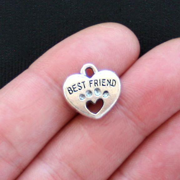 6 Best Friend Heart Antique Silver Tone Charms 2 Sided - SC2814