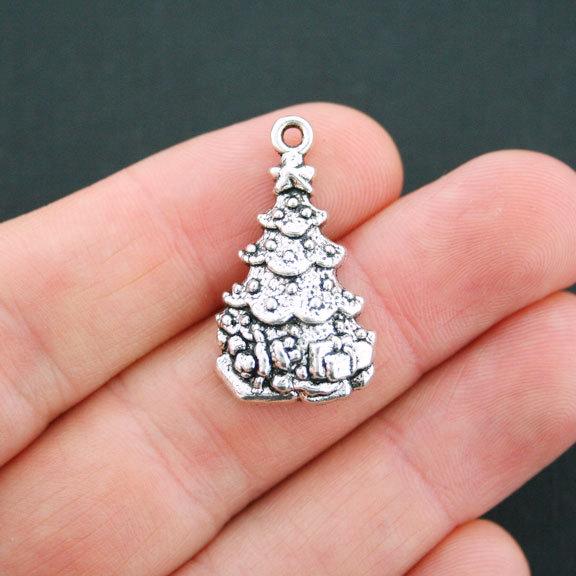 6 Christmas Tree Antique Silver Tone Charms - XC109