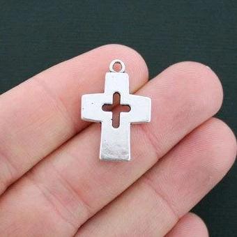 6 Cross Antique Silver Tone Charms 2 Sided - SC4597