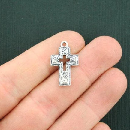 6 Cross Antique Silver Tone Charms 2 Sided - SC1949