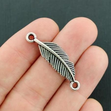 6 Feather Connector Antique Silver Tone Charms - SC2540