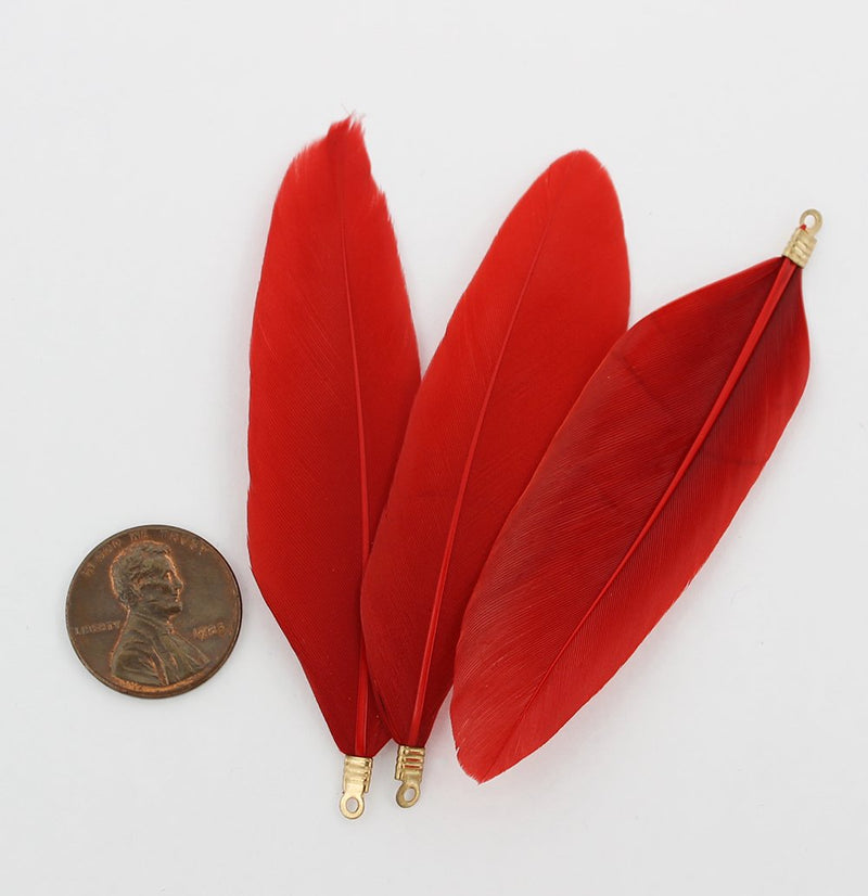 Feather Pendants - Gold Tone and Ruby Red - 6 Pieces - Z702