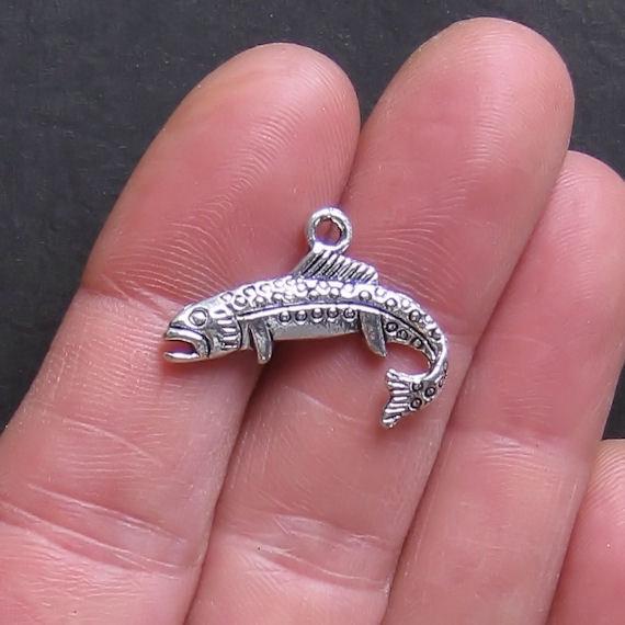 6 Fish Antique Silver Tone Charms 2 Sided - SC189
