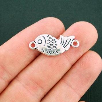 6 Fish Connector Antique Silver Tone Charms 2 Sided - SC6082