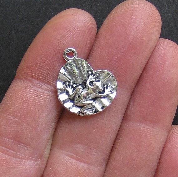 6 Frog on a Lily Pad Antique Silver Tone Charms - SC193