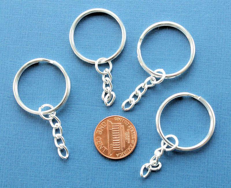Silver Tone Key Rings with Attached Chain - 20mm - 6 Pieces - Z003