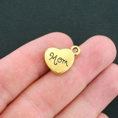 6 Mom Heart Antique Gold Tone Charms 2 Sided- GC488