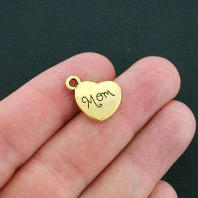 6 Mom Heart Antique Gold Tone Charms 2 Sided- GC488