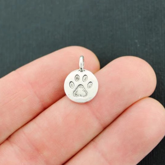 6 Paw Print Antique Silver Tone Charms 2 Sided - SC776