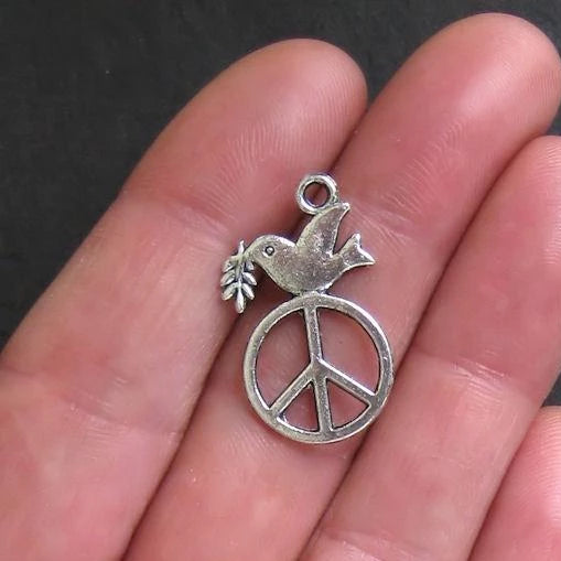 6 Peace Dove Antique Silver Tone Charms 2 Sided - SC365