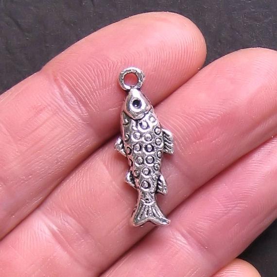 6 Speckled Fish Antique Silver Tone Charms 2 Sided - SC181