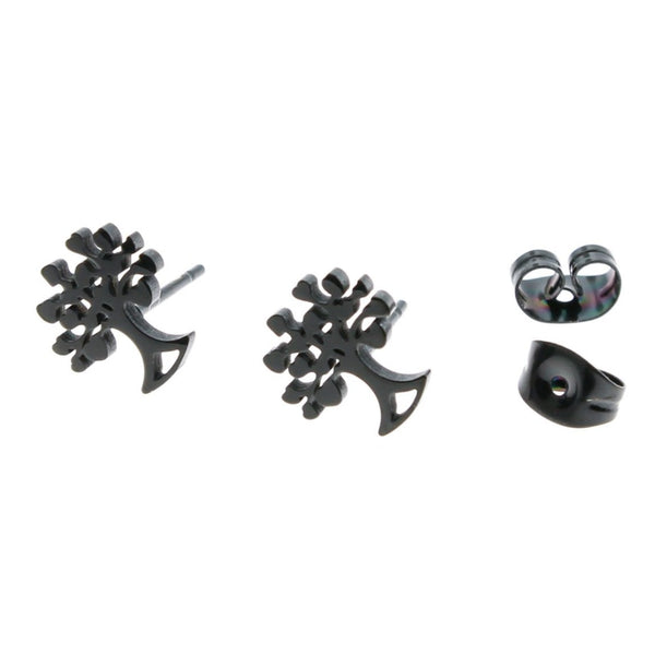 Gunmetal Black Stainless Steel Earrings - Tree Studs - 10mm x 9mm - 2 Pieces 1 Pair - ER031