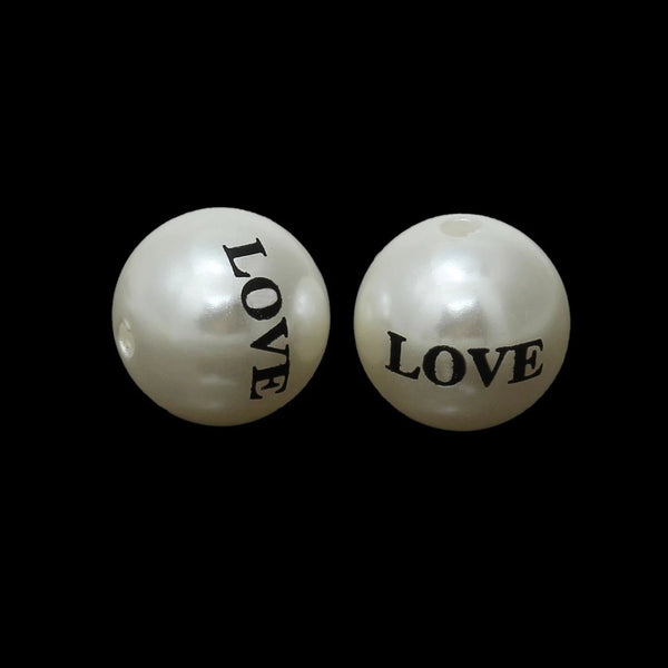 Perles Acryliques Rondes 20mm - Blanc Perle AMOUR - 5 Perles - BD712