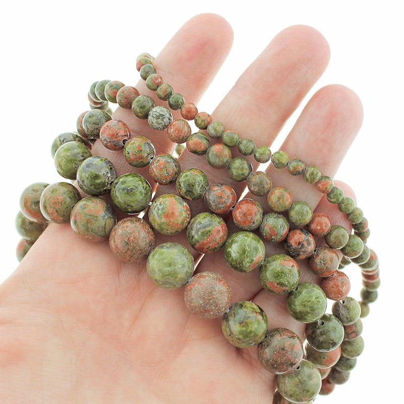 Round Natural Unakite Beads 4mm -12mm - Choose Your Size - Forest Green and Coral - 1 Full 15" Strand - BD1871