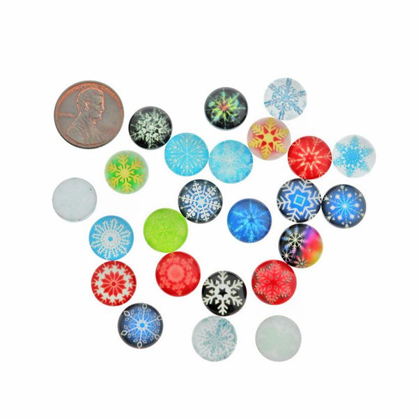BULK 100 Snowflake Glass Dome Cabochon Seals 12mm Assorted Set - M103