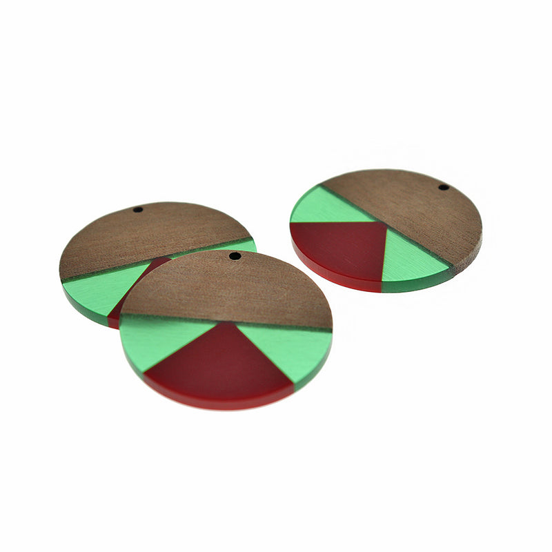 Round Natural Wood and Resin Charm 38mm - Green and Red - WP525