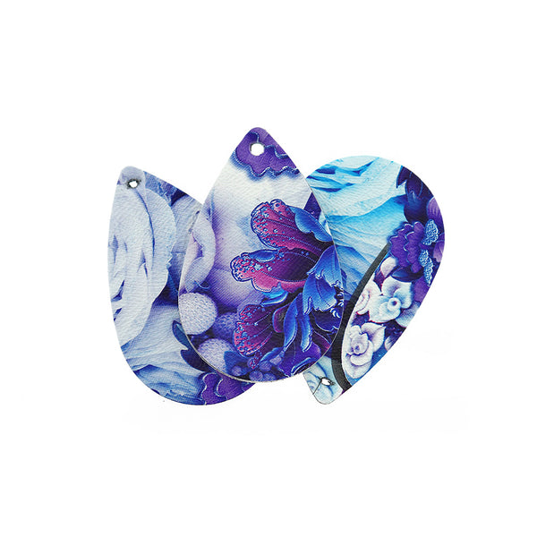 Pendentifs en forme de larme en similicuir - Floral violet - 4 pièces - LP025